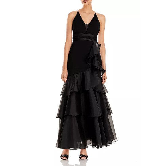 Aidan Mattox Tiered Trumpet Gown Black Size 0 - Picture 1 of 1